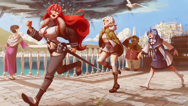 Mushoku characters running together along a seaside promenade
