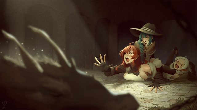 Three adventurers looking toward a dragon in a dim dungeon