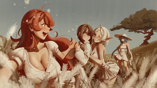 Mushoku characters in a bright fantasy landscape